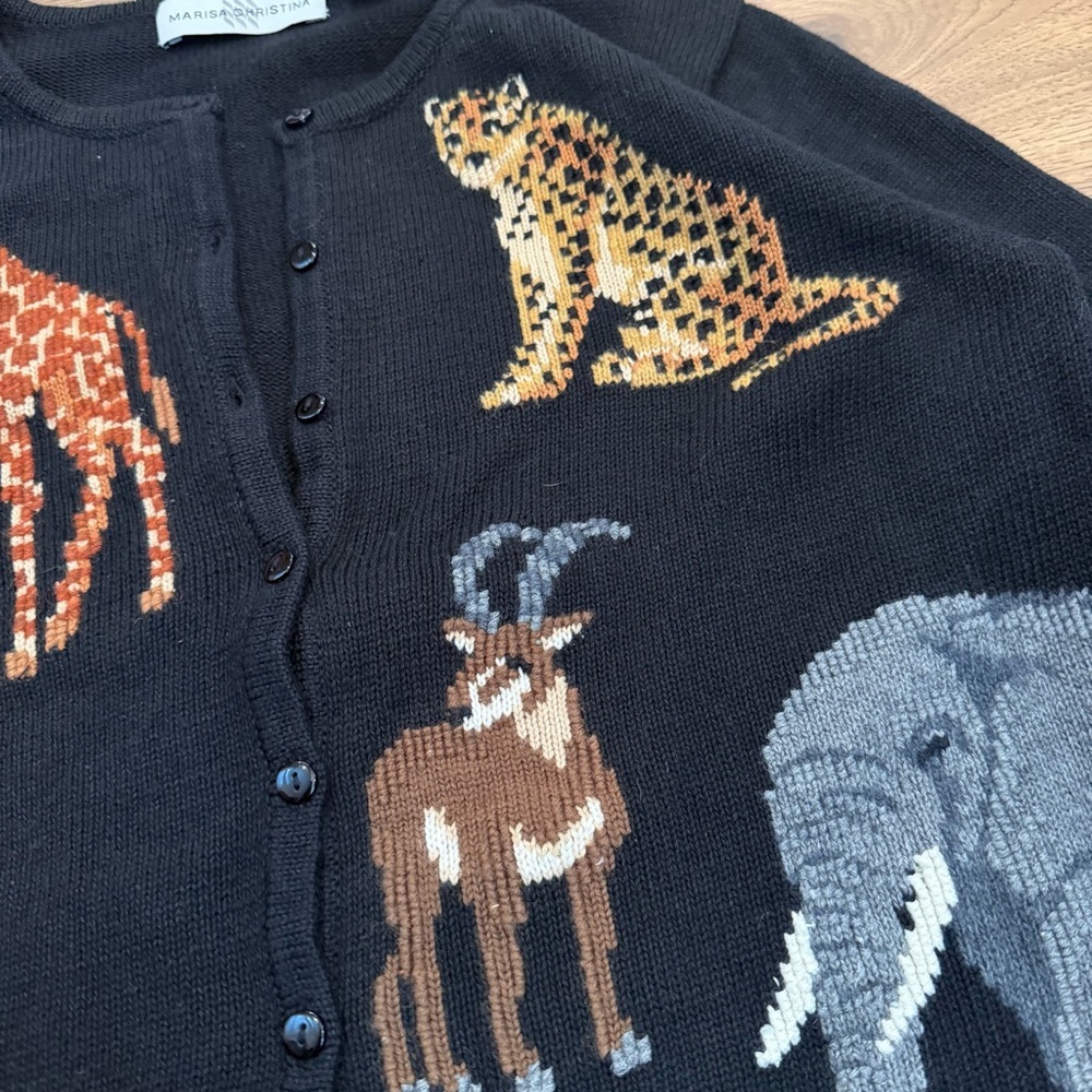 Marisa Christina Black Safari Animals Cotton Wool Blend Cardigan Ladies Medium - Picture 4 of 7